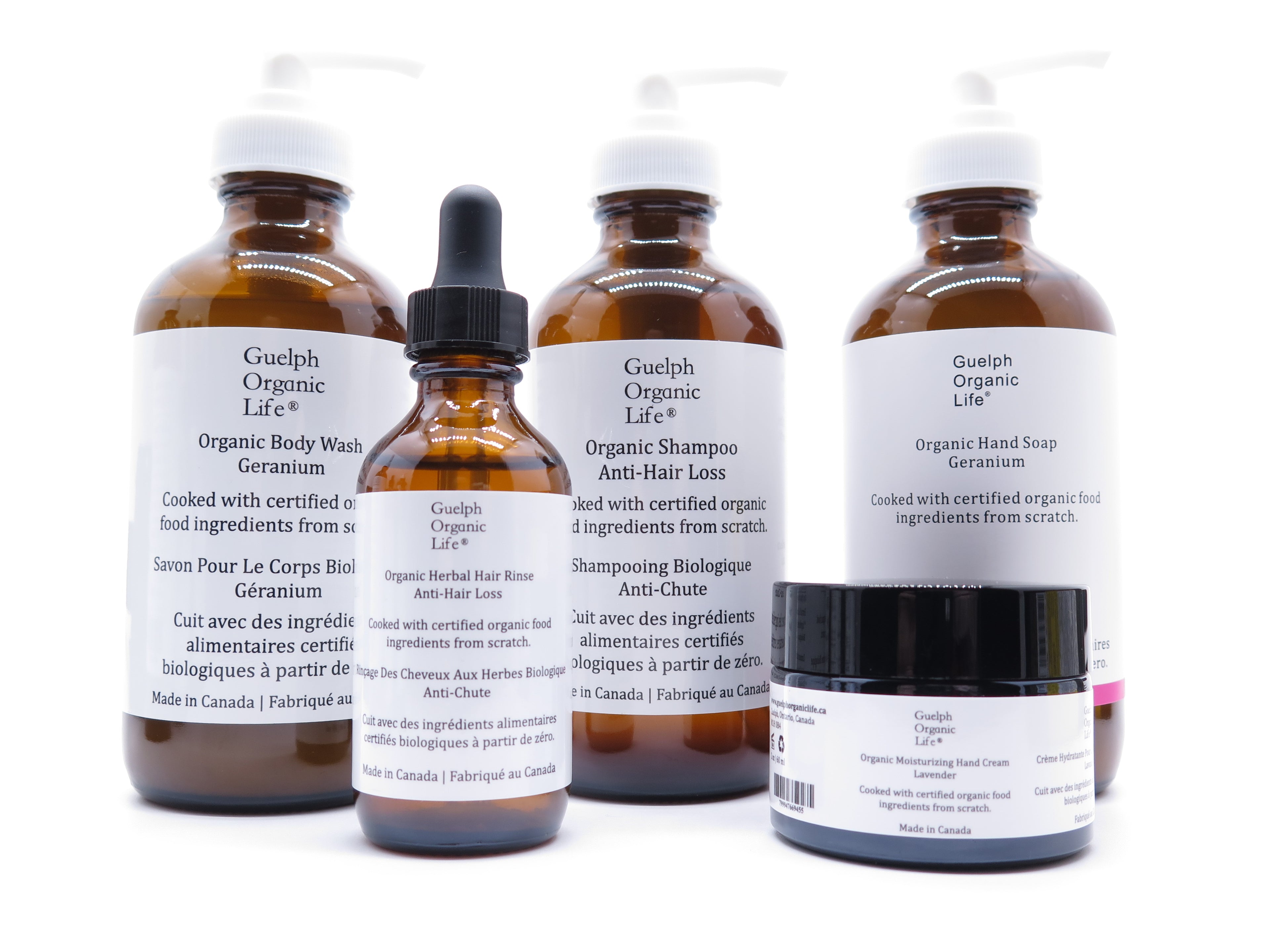 Guelph Organic Life® organic personal care products are cooked with 100% certified organic food ingredients, certified organic essential oil and organic herbal extracts from scratch. Including Organic Shampoo, Organic Herbal Hair Rinse, Organic Body Wash, Organic Liquid Hand Soap, Organic Moisturizing Hand Cream.