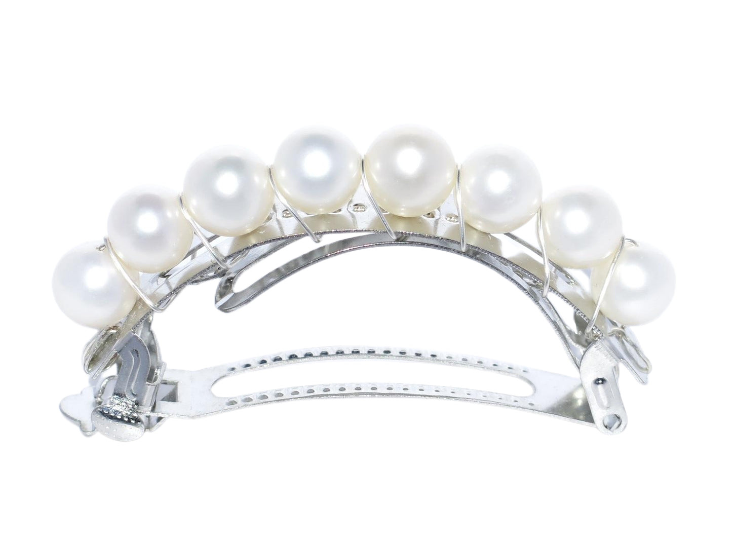 This pearl jewelry is a work of art and each pearl is hand-picked and matched in Guelph, Ontario, Canada. This gorgeous pearl ponytail barrette is an ideal gift and handmade with 100% cultured freshwater pearls, silver-finish metal and wire which will make it last longer than the glue one. Pearl Size: 9.5-10.5mm, Weight:17.8g.