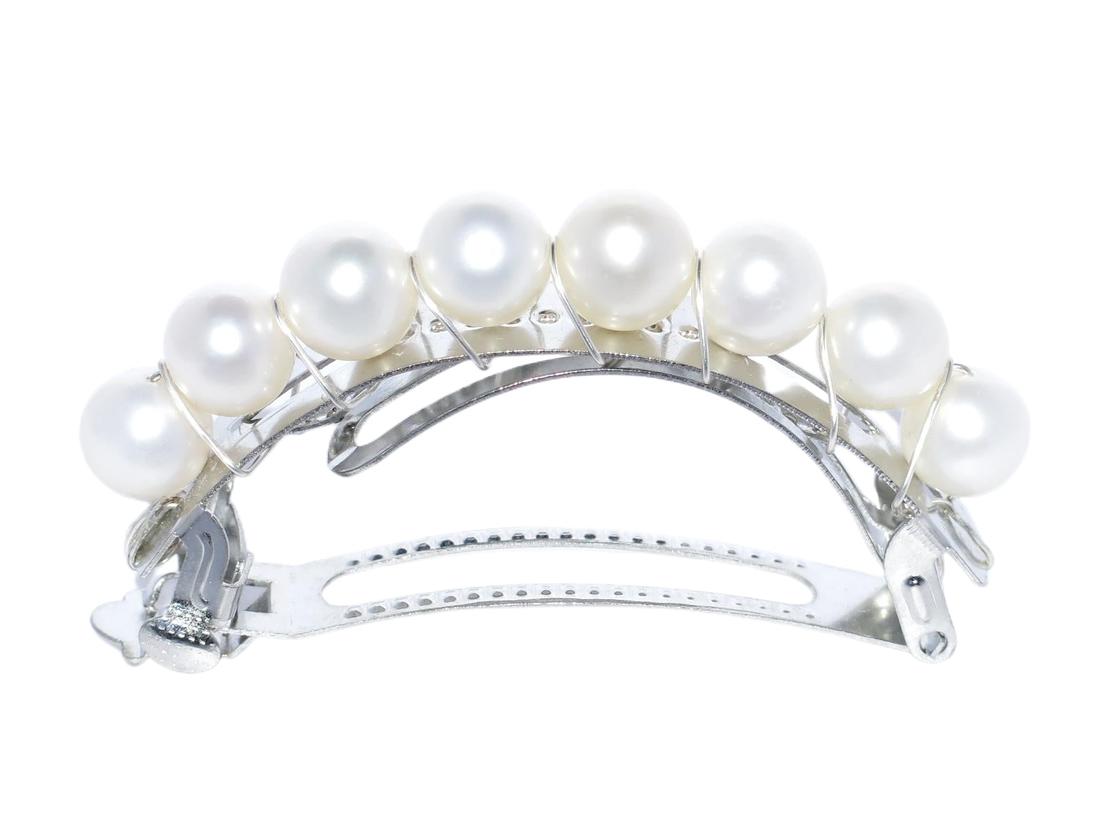 This pearl jewelry is a work of art and each pearl is hand-picked and matched in Guelph, Ontario, Canada. This gorgeous pearl ponytail barrette is an ideal gift and handmade with 100% cultured freshwater pearls, silver-finish metal and wire which will make it last longer than the glue one. Pearl Size: 9.5-10.5mm, Weight:17.8g.