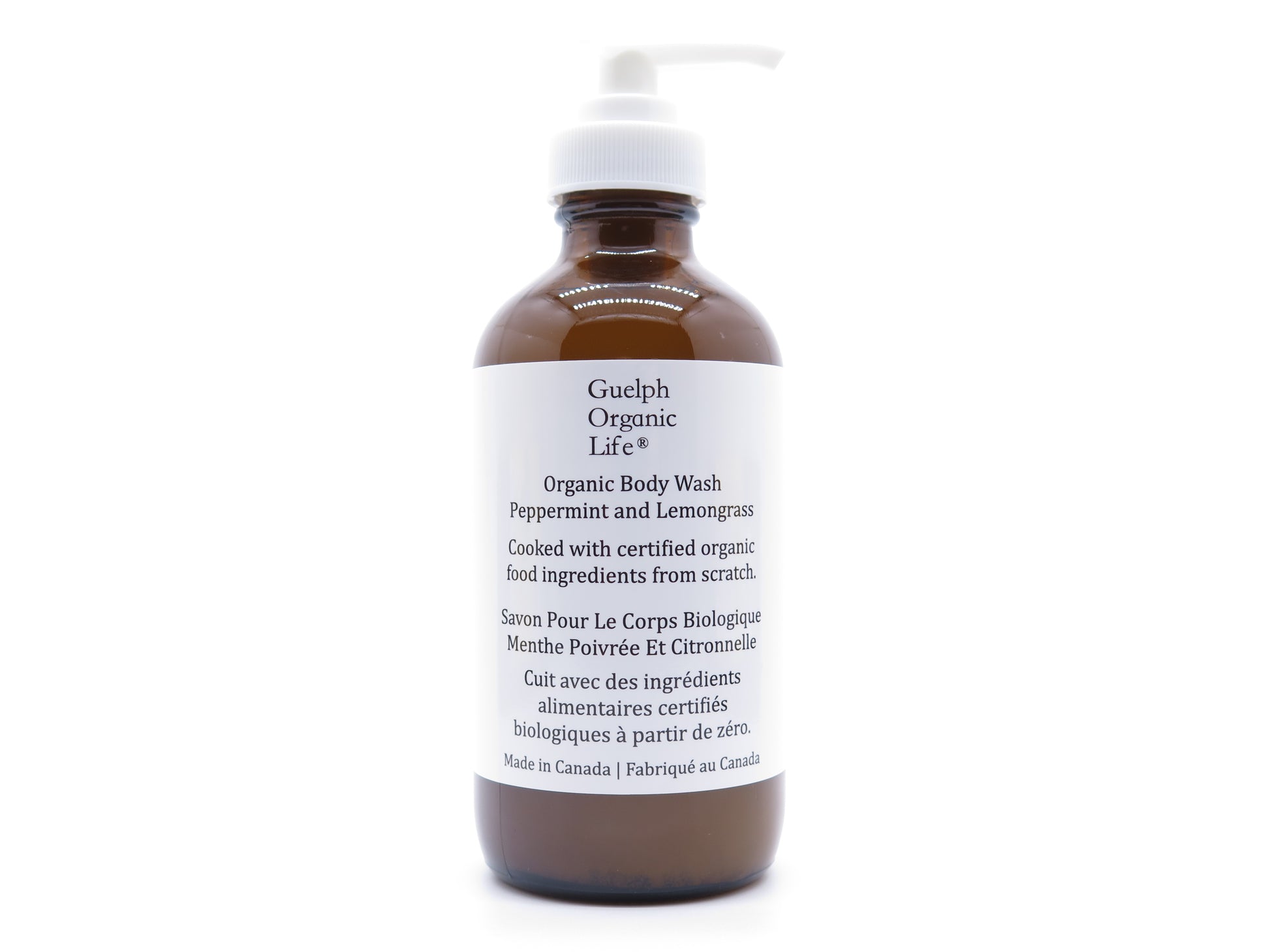Natural is ambiguous. Handmade with 100% Certified Organic Food Ingredients from Scratch. The rich, cashmere like foam of this Organic Body Wash will cleanse gently while actively boost skin’s health and natural glow, increase collagen production, and enhance skin’s elasticity. Glass bottle. 236 ml. Made in Canada.