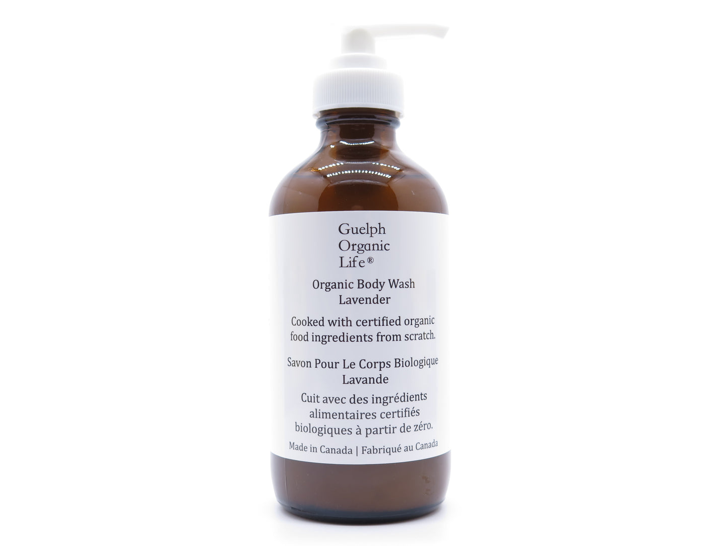 Natural is ambiguous. Handmade with 100% Certified Organic Food Ingredients from Scratch. The rich, cashmere like foam of this Organic Body Wash will cleanse gently while actively boost skin’s health and natural glow, increase collagen production, and enhance skin’s elasticity. Glass bottle. 236 ml. Made in Canada.