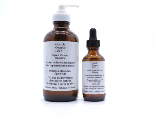 Natural is ambiguous. This balancing hair care set is made with 100% certified organic ingredients from scratch. It revitalizes hair growth, soothes and nourishes the scalp and hair, and gives hair a more healthy, shiny and smooth appearance. Glass bottle. Made in Canada.